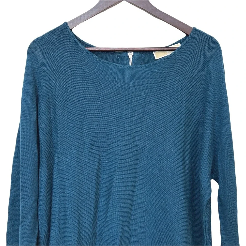 Michael Kors Tunic Women XL Teal‎ Ribbed Knit Exposed Back Zipper Oversized Chic